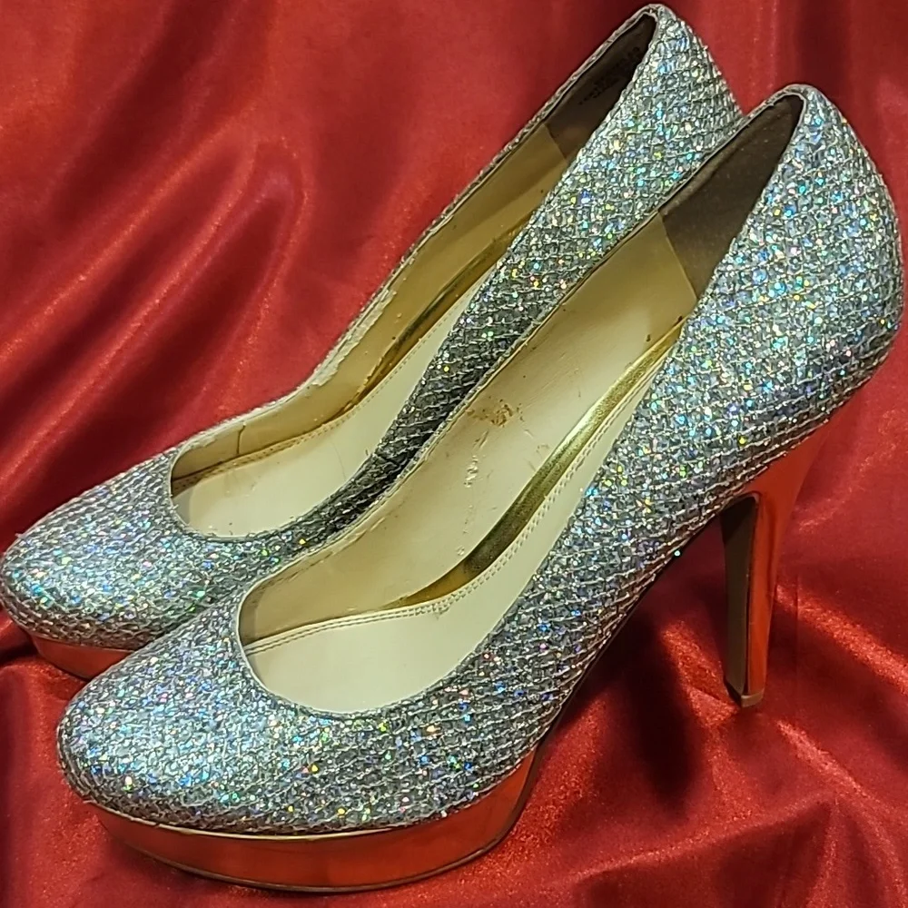 ENZO ANGIOLINI sz7.5 Smiles Easmiles platform stiletto RAINBOW GLITTER